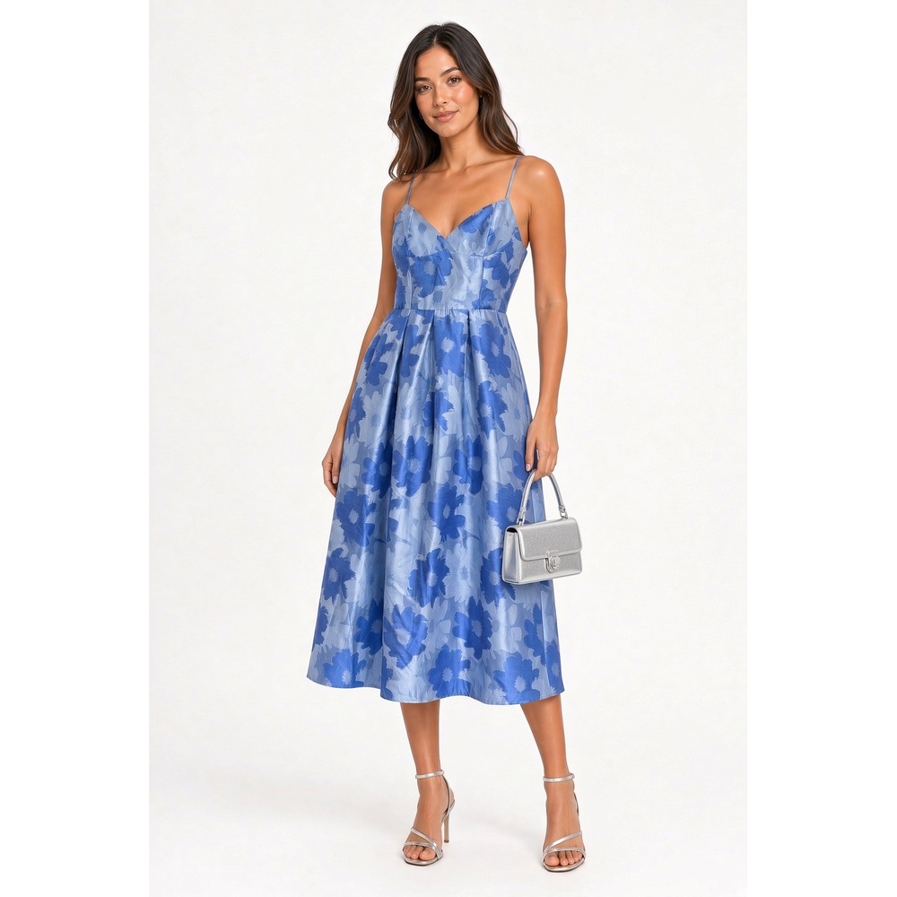 Vivinna Blue Floral Jacquard Pleated Midi Dress Wedding Guest Classic NWT